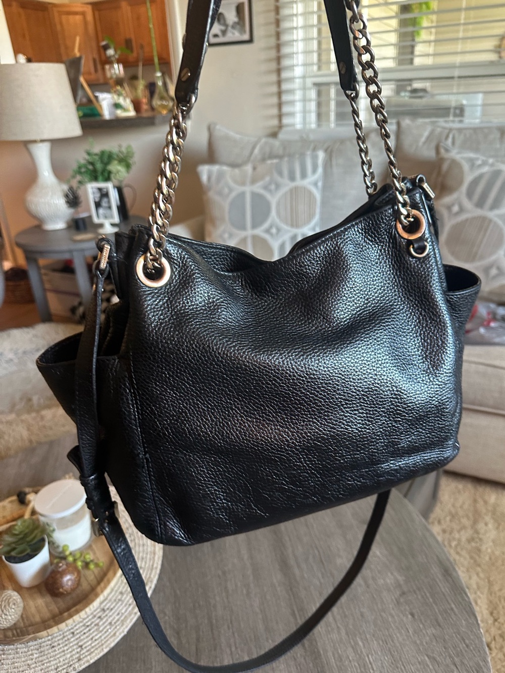 Michael Kors Pebbled Black Leather Chain Slide Handles Gold Hardware